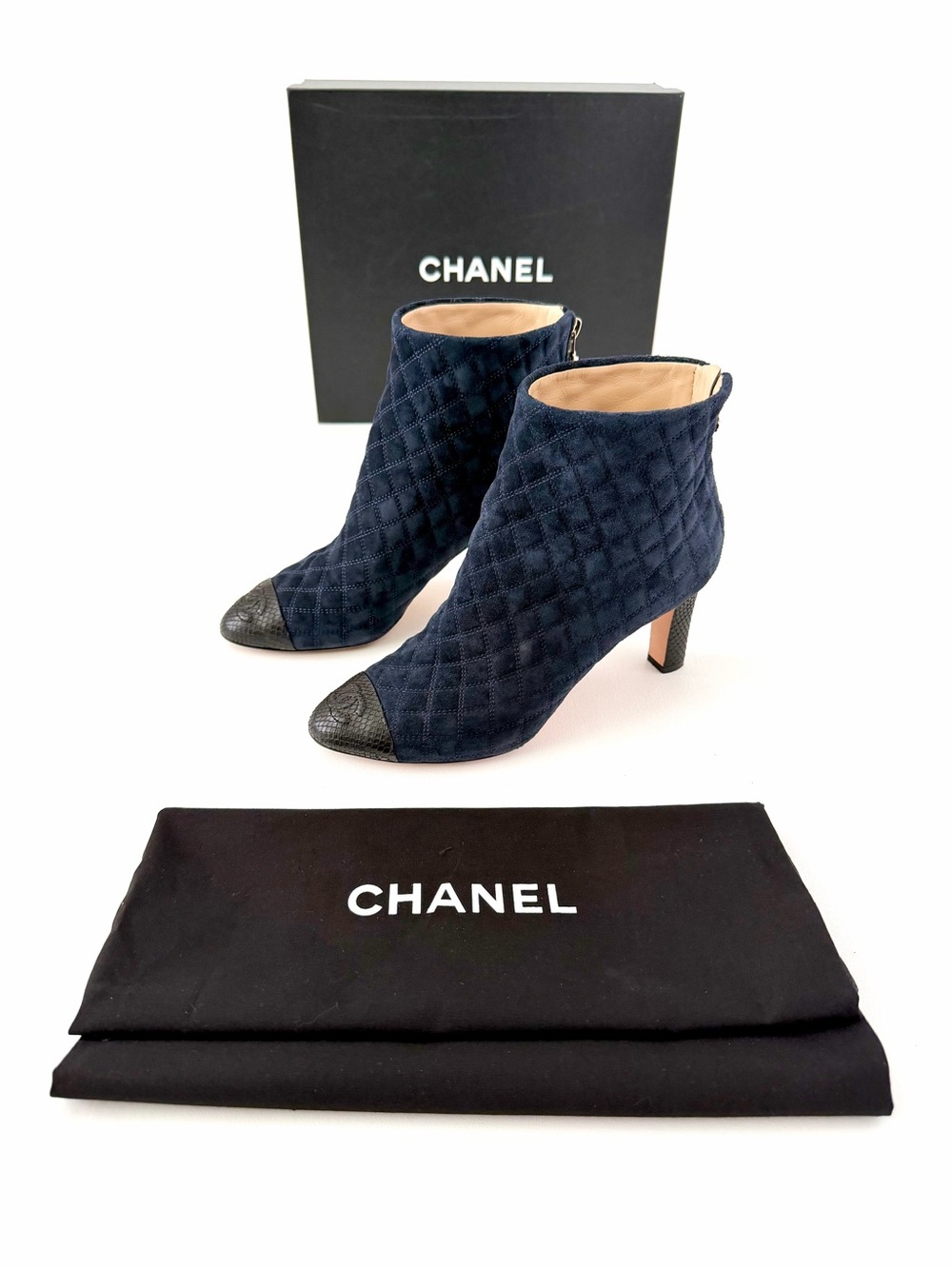 CHANEL | Quilted Suede CC Python Cap Toe Camellia Navy Black Booties EU 37.5
